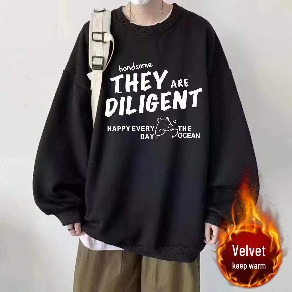 

Men s Winter White Round Neck Hoodie - Trendy, Loose, Casual, Velvet-Enhanced Top for Youth 5XL