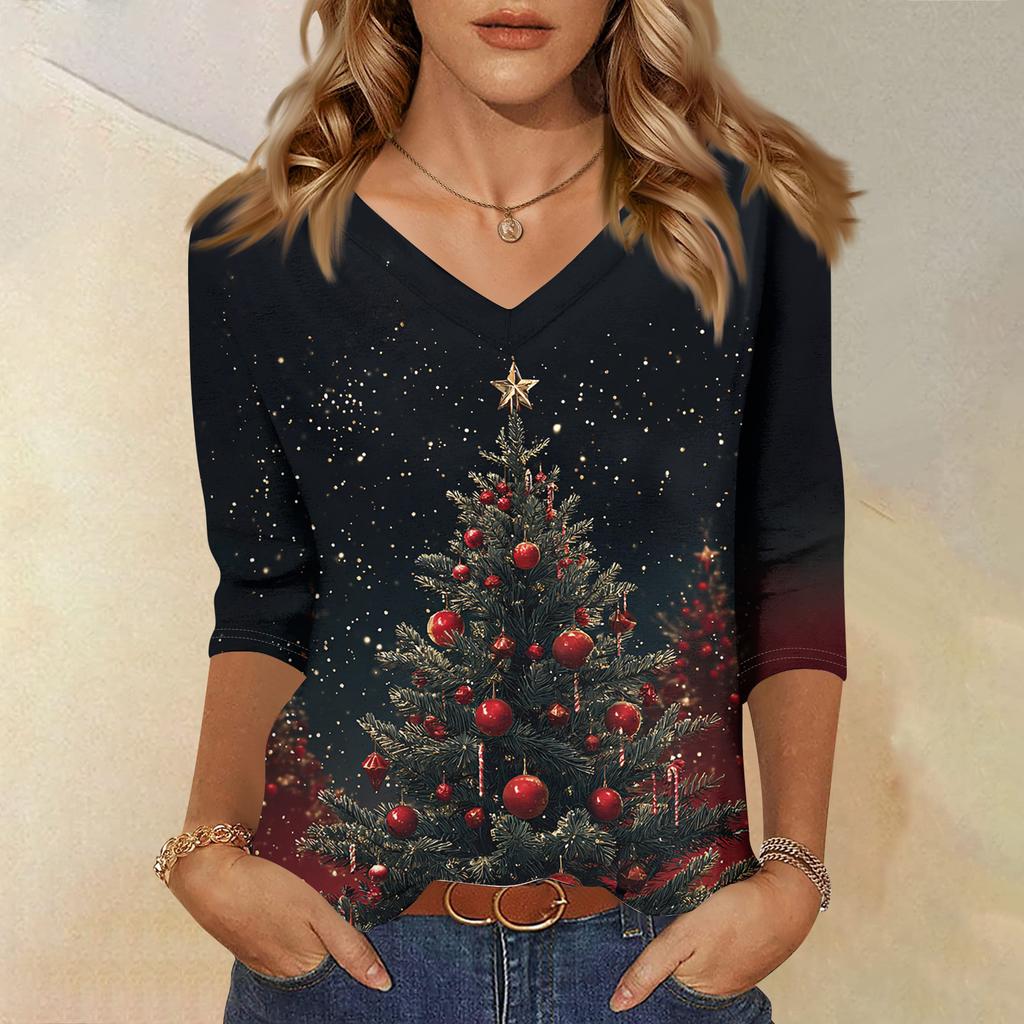 Women's T Shirt CHristmas Print 3/4 Sleeve Daily Weekend Fashion Basic V- Neck Regular Top