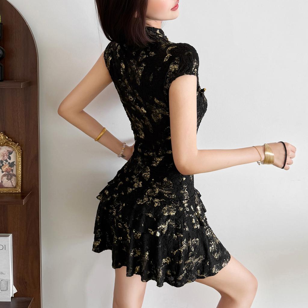 2026 European and American summer new black and gold retro cheongsam collar light luxury temperament elegant imperial sister style dress