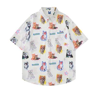 Harajuku Kawaii Cat Print Blouses Women Cute Graphic White Short Sleeve Shirts Oversized Casual Beach Style Cardigan