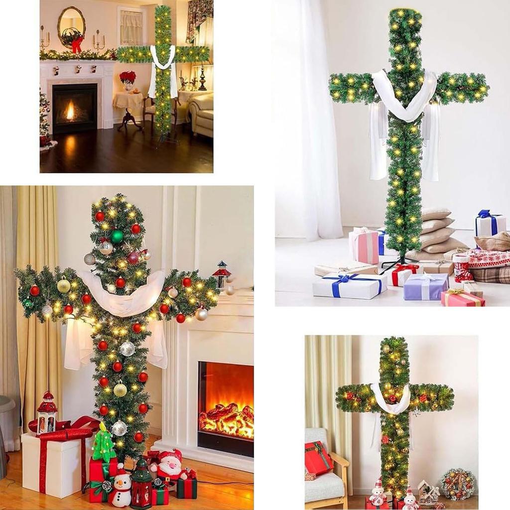 A Cross-shaped Christmas Tree With Lights, Pre-lit, Elongated, Pencil-shaped Artificial Tree, Complete With A Scarf And Christ Crown, Suitable For