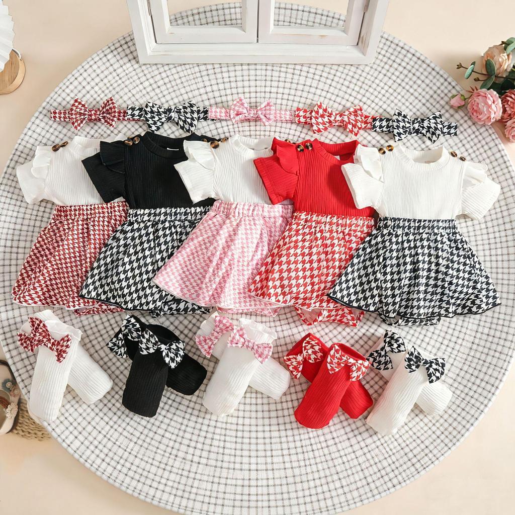 2026 Grenzüberschreitendes Niedliches Sommer-Kleinkindkleid-Set: Kleid mit Puffärmeln im Hahnentrittmuster, Socken und Kopfbedeckung