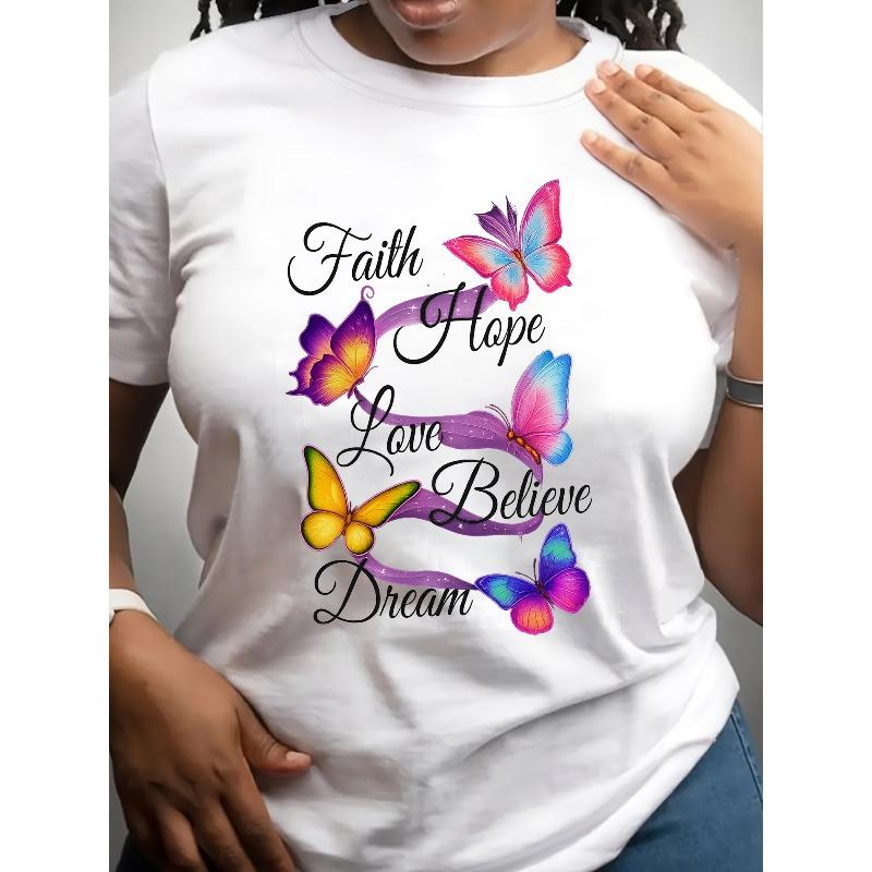 Women Butterfly Floral Print T-Shirt Round Neck Short Sleeve Loose Fit Spring Summer Fall Fashion Top