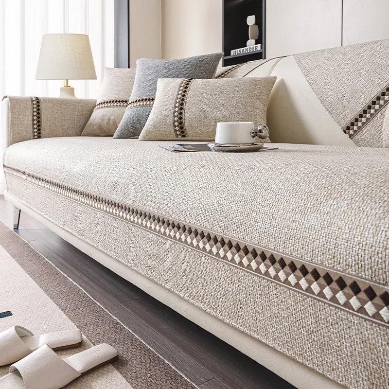 Cotton Linen Durable Sofa Cover Four Seasons Universal Sofa Pad Solid Color Sofa Mat for Living Room Anti-Slip Couch Cushion