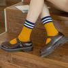 Japanese Retro Women's Cotton Knee-High Socks with Two-Stripe Design, Color Block Style.