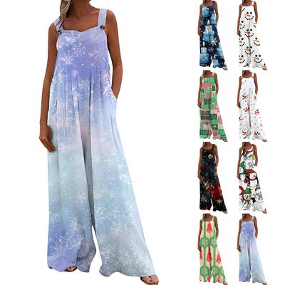 Wide Leg Overalls For Women Casual Loose Sleeveless Print Button Long Pant Romper Jumpsuit With Pockets