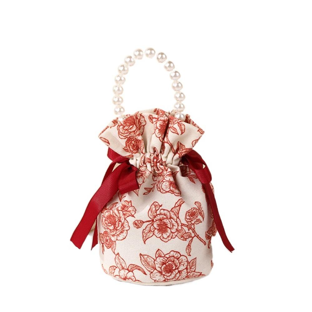 Ribbon Bow Small Flower Wrist Bag Pearl Handle Bowknot Handbag Festive Sugar Bag  Female/Girls