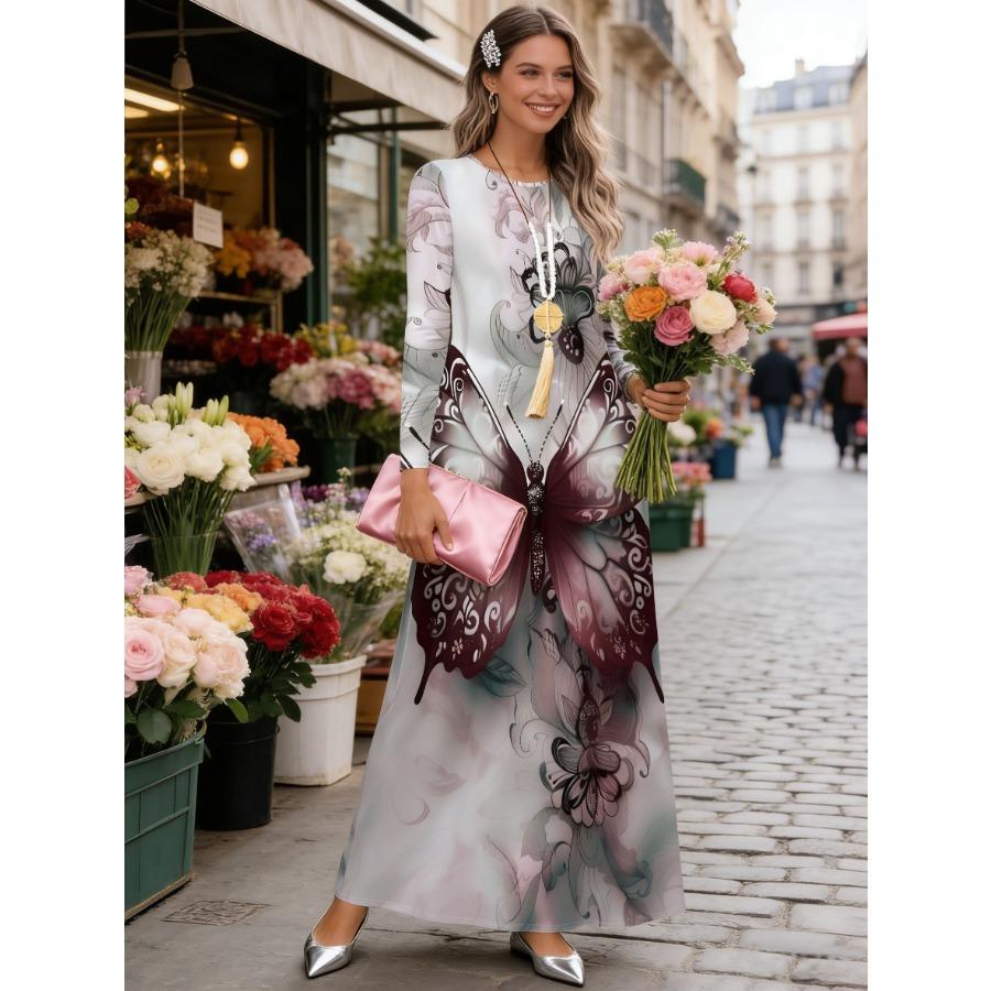 Women's Long Sleeve Floral Print Dress for Spring and Fall Black and White A-Line Casual Midi Dress with Round Neck and