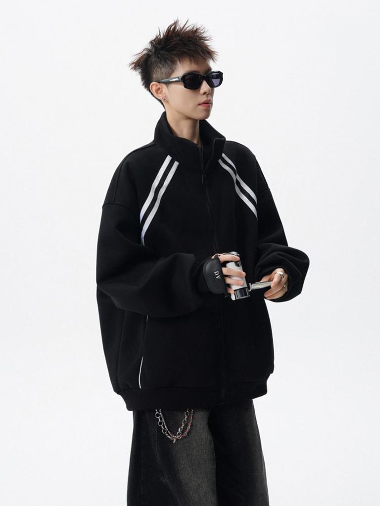 Men's Winter Patchwork Stand Collar Hoodie - Trendy Striped Casual Jacket