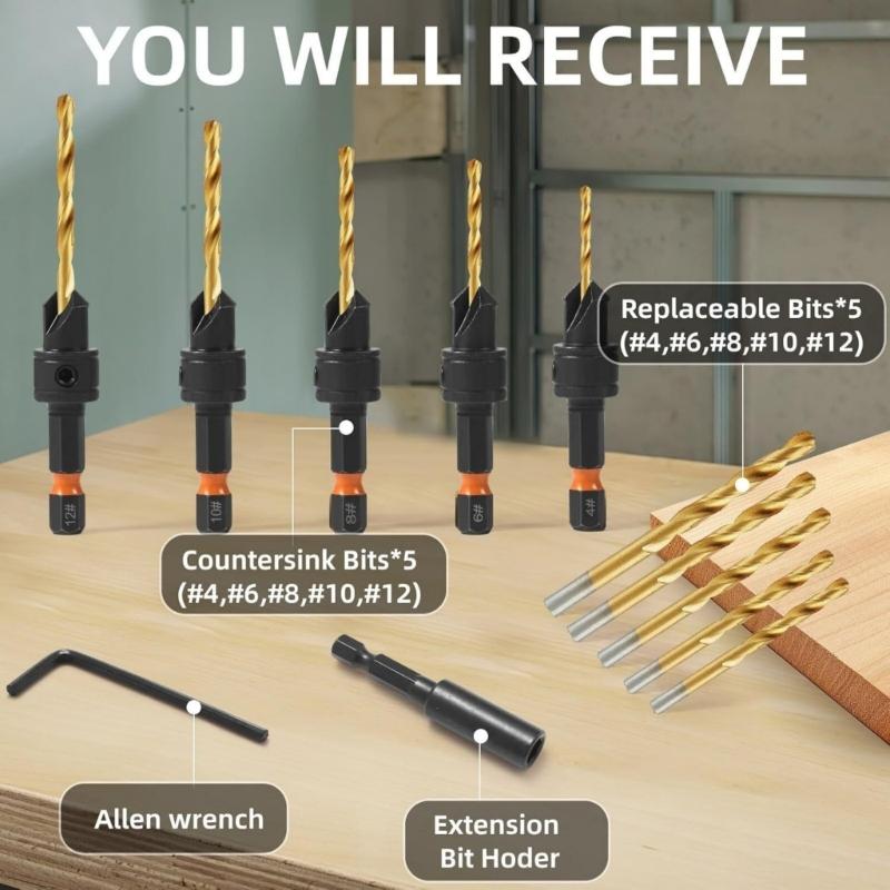 Präzisions-Senkerbohrer für Holzbearbeitung Set mit magnetischem verlängertem Halter und Aufbewahrungskoffer High Speed Steel
