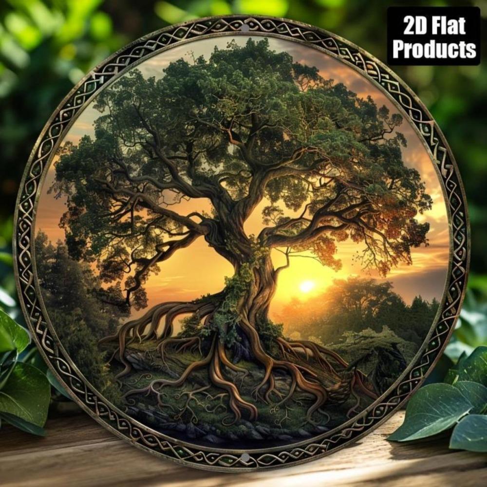 Hisun Tin Sign Vintage Tree of Life Sunset Metal Tin Sign Retro Norse Yggdrasil World Tree with Celtic Knot Frame Round Wall Art Decor Classi 20x20cm