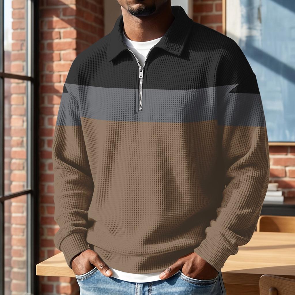Men's Vintage Half-Zip Collared Long Sleeve Striped Print Casual Top