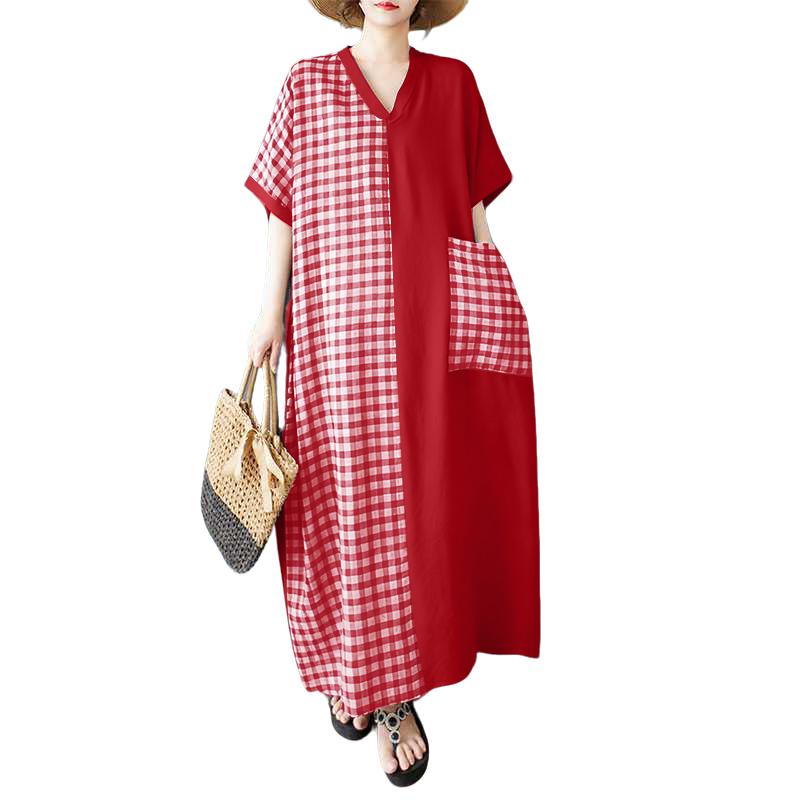 

ZANZEA Женское повседневное летнее платье с длинным рукавом до локтя, V-образным вырезом, пэчворком и принтом в клетку 2XL красный