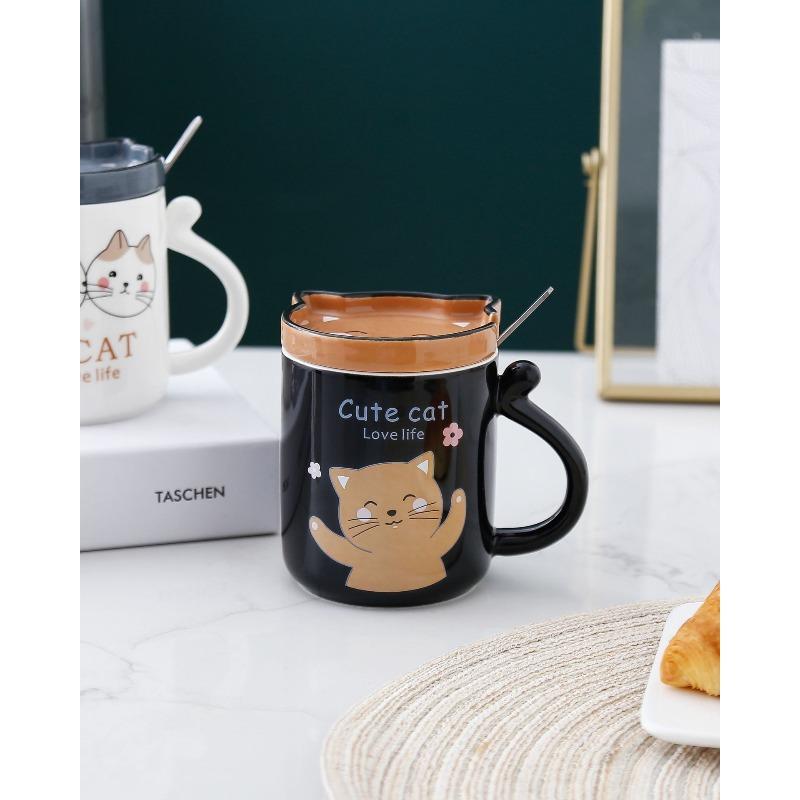 

Creative Kitten Ceramic Cup with Lid Spoon Student Couple Office Home Mark Coffee Cup Souvenir 401-500ml