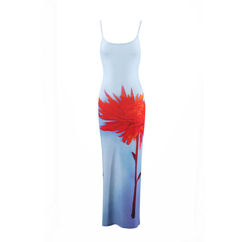 Women's Summer Sexy Spaghetti Strap Floral Print Maxi Dress, Slim Fit Bodycon Backless Evening Party Beach Vacation Long Dress