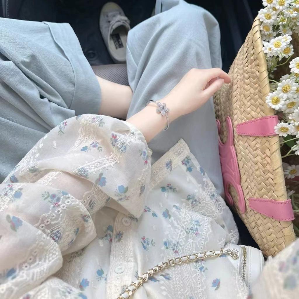 French Sweet Bubble Sleeve Floral Chiffon Shirt Women's 1116 Summer New Gentle Wind Lace Embroidered Sunscreen Shirt