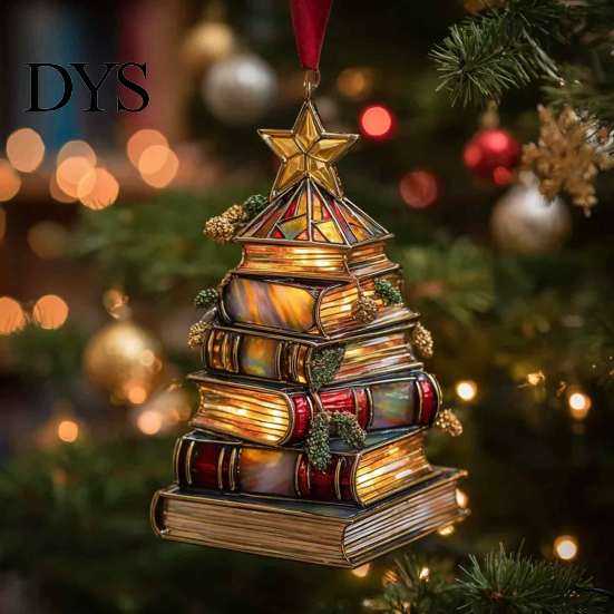 Decorative Xmas Ornaments for Fireplace Christmas Tree Book Ornament, Acrylic Shaped Stack Hanging Decoration Wall Decorations with Star Topper,