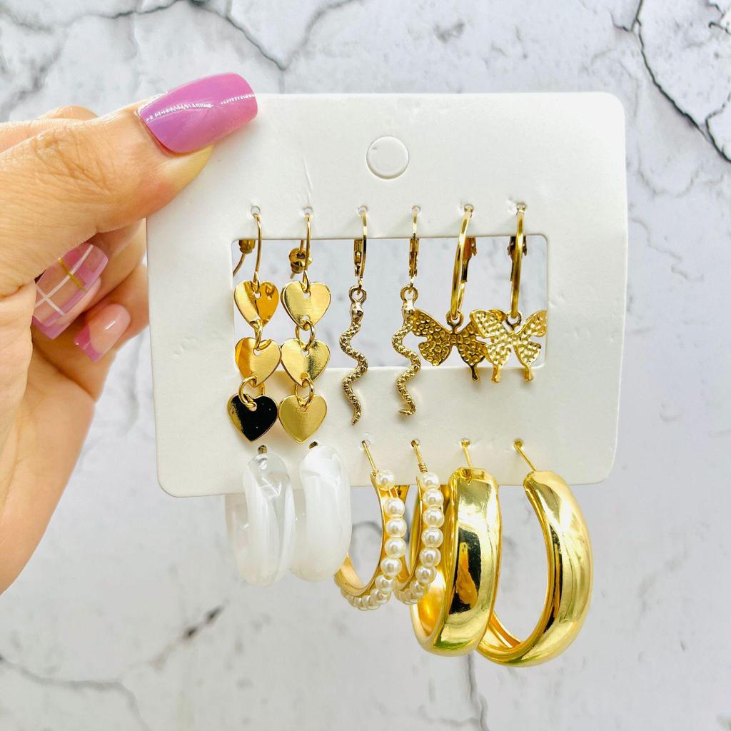 Cross-Border Pearl & Gold Hoop Earrings: Creative French Retro 6-Piece Set for Women
