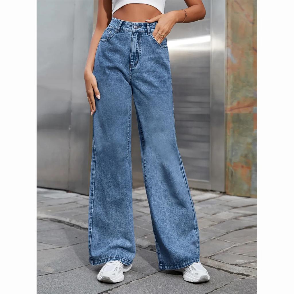 WTEMPO Damen Einfarbig Übergröße Lässig Vielseitig Denim Gerade Hose Locker Frühling Herbst Hohe Taille Distressed Lange Jeans