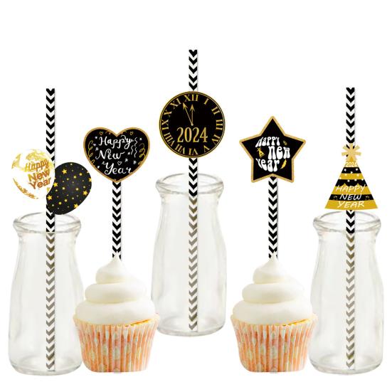 24Pcs Christmas Straw Snowman Elk Santa Hat Holiday Decoration Food Grade Plastic Xmas Disposable Drinking Straw Party Supplies