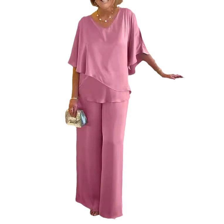 Plus Size V-Neck Solid Color Casual Set with Irregular Hem (2024)