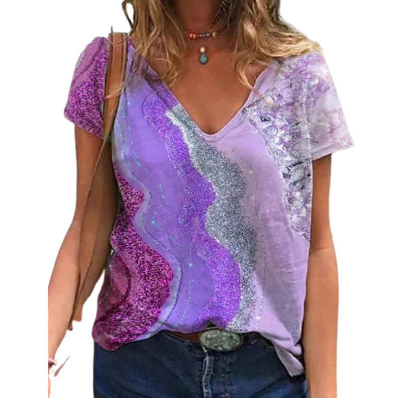 Summer Floral Printed T-shirt for Women Short Sleeved V-neck T-shirt