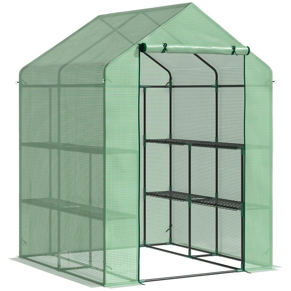 Foil Greenhouse Walk-In Greenhouse with 8 Shelf Levels Tomato Greenhouse Hothouse Cold Frame with Door Green Steel PE Plastic 143 X 138 X 190 Cm