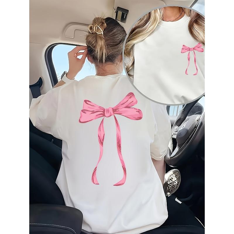 European Size A Short-Sleeved T-Shirt with a Front And Back Print Featuring a Pink Bow Pattern, Designed for Summer/Spring. This Women'S Top Is Loose