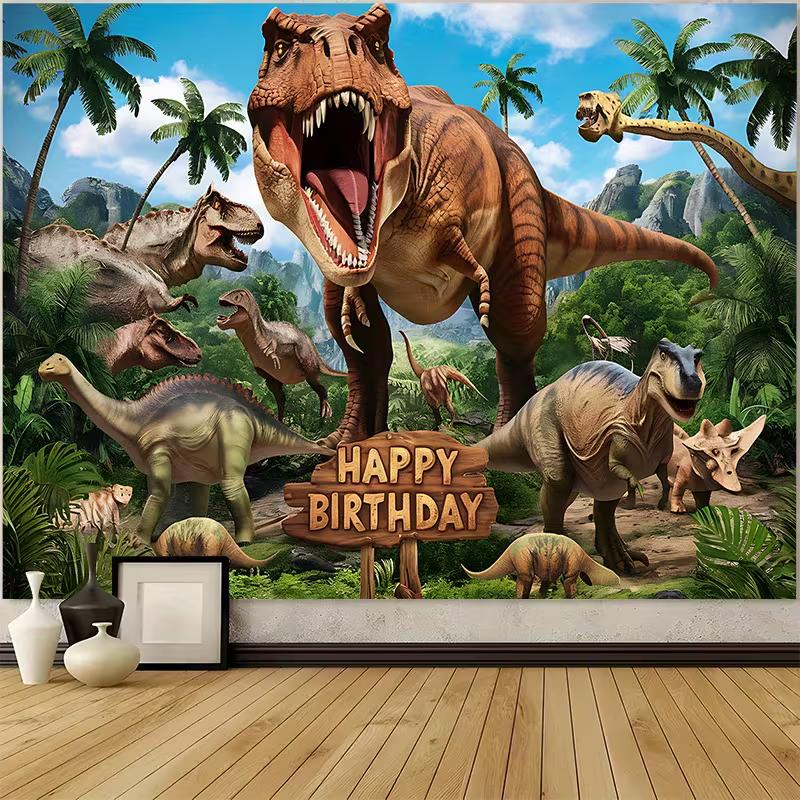 Jurassic Dinosaur World Birthday Backdrop T-Rex and Prehistoric Forest Scene Party Background Banner
