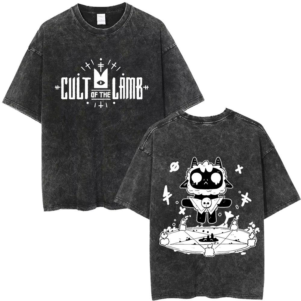 Washed Vintage Game Cult of The Lamb Funny Graphic Tshirt Men Women Casual Cotton Tshirts Mens Oversized Short Sleeve T Shirt