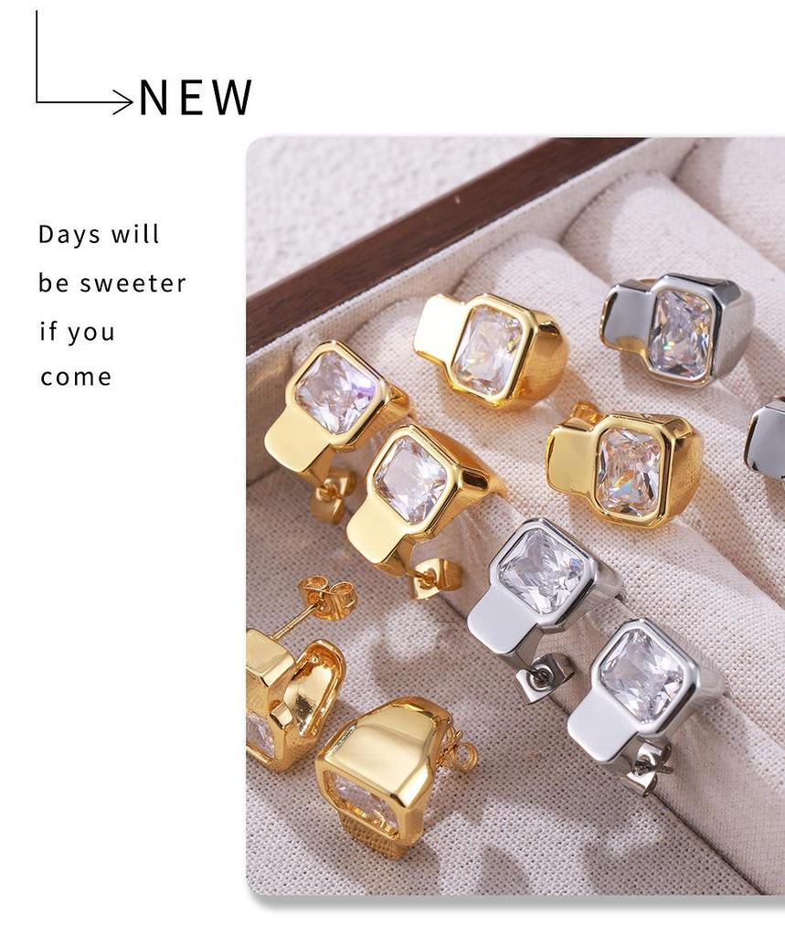Hepburn-Inspired Geometric Diamond Earrings: Versatile, Fashionable, Light Luxury Copper with 18k Gold Plating
