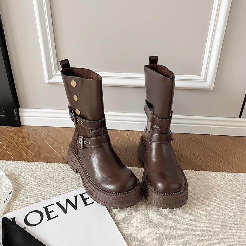 Thick-soled Maillard medium tube short boots women's 2025 autumn and winter new British style retro brown thick heel two wear Martin boots