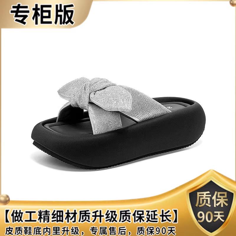 

Босоножки на толстой подошве с бантом, женские 2025 лето, новая мода, универсальные, трендовые, сандалии, повседневные шлепанцы 40 серебряный