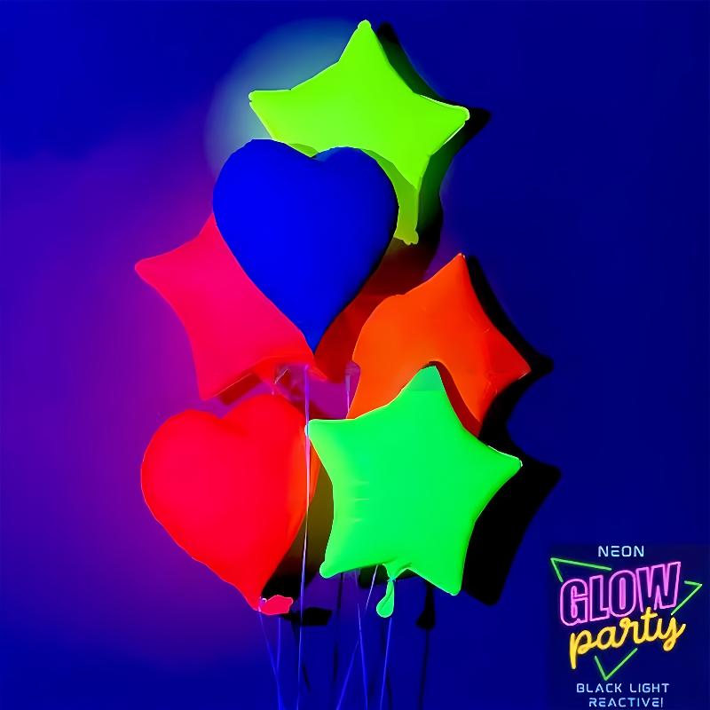 6 ks fluorescentních balónků, narozeninové balónky, party dekorace, party potřeby, ve tvaru srdce, pěticípé hvězdy