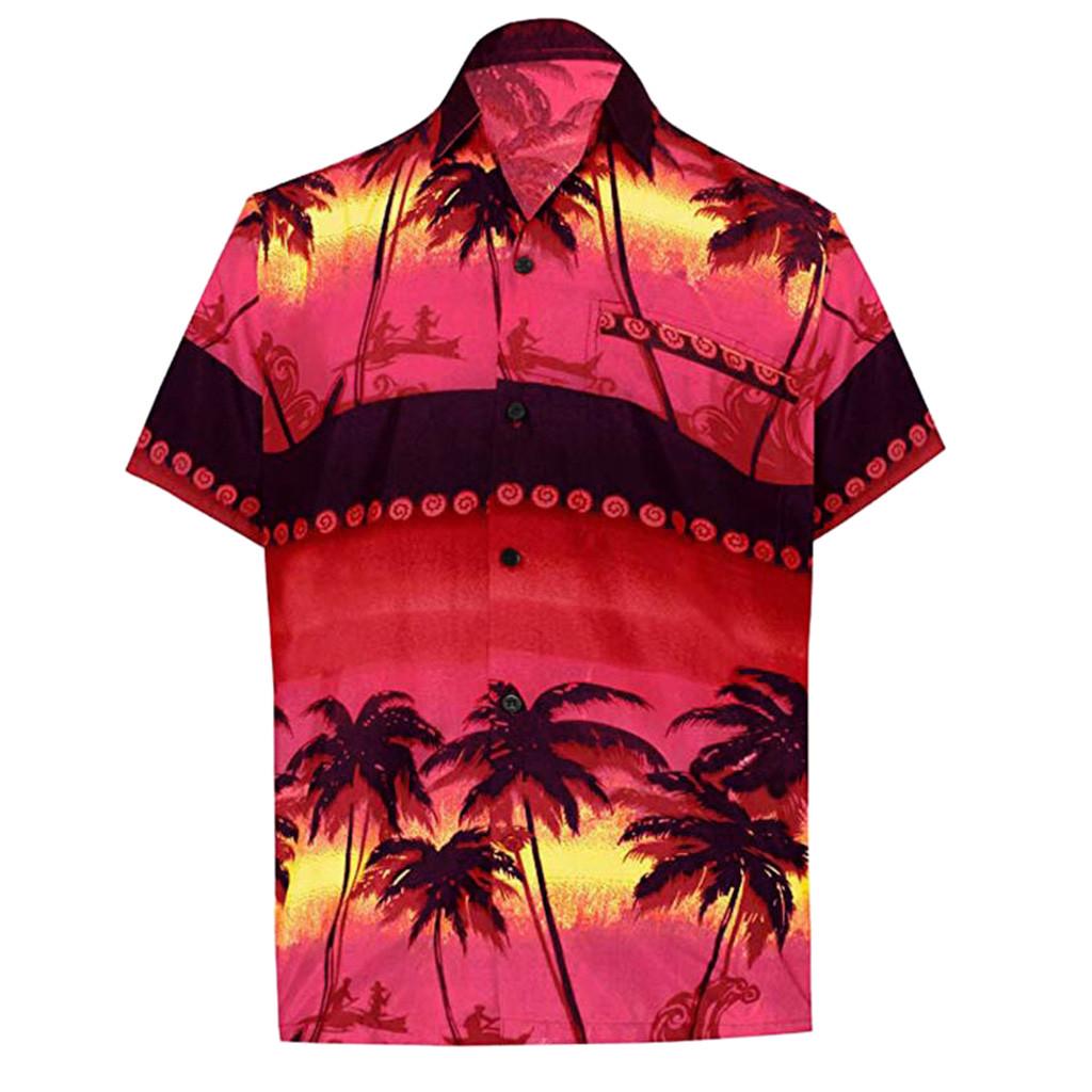 

Мужская пляжная блузка с короткими рукавами и карманами на пуговицах с гавайским принтом XL красный