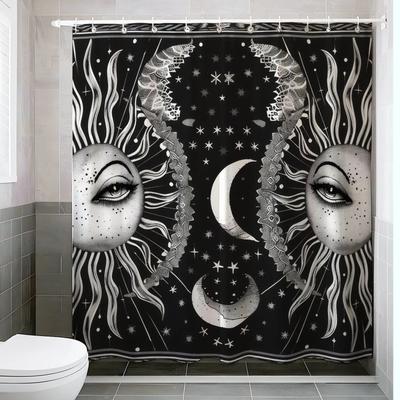 ~O~Vintage Sun & Moon Shower Curtain - Starry Sky Pattern, MacPolyester, Artistic Bathroom Set, Retro Design