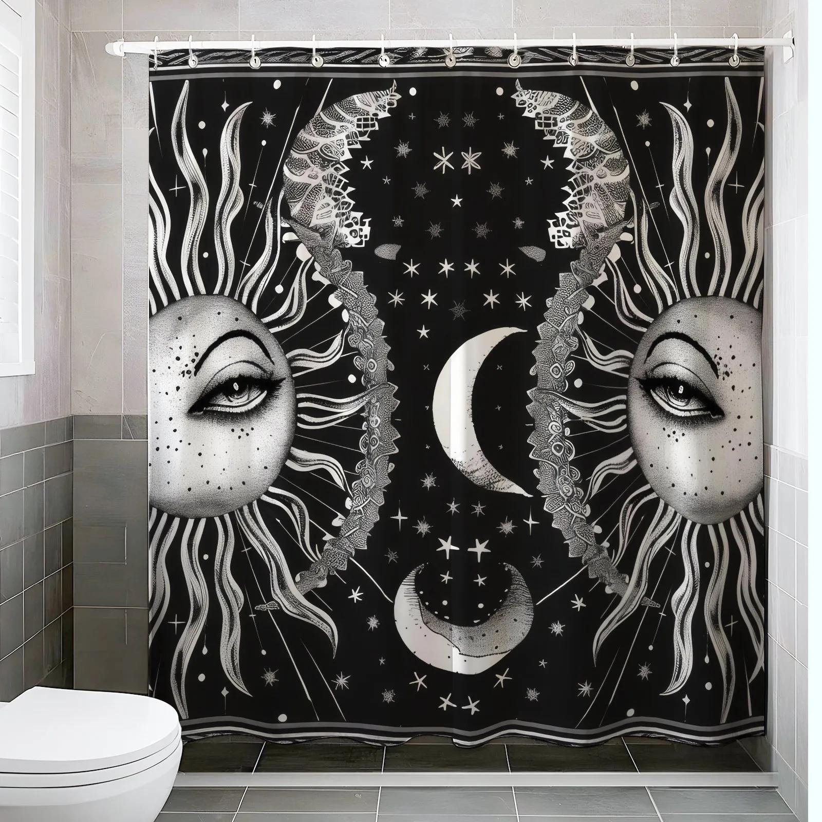 

Vintage Sun & Moon Shower Curtain - Starry Sky Pattern, Macpolyester, Artistic Bathroom Set, Retro Design W60H190(CM)-1 Pcs