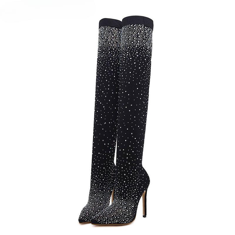 Bottes Hautes Sexy Chaussettes Montantes Bout Pointu Strass Cristal Tissu Extensible Chaussures pour Pole Dance Femmes