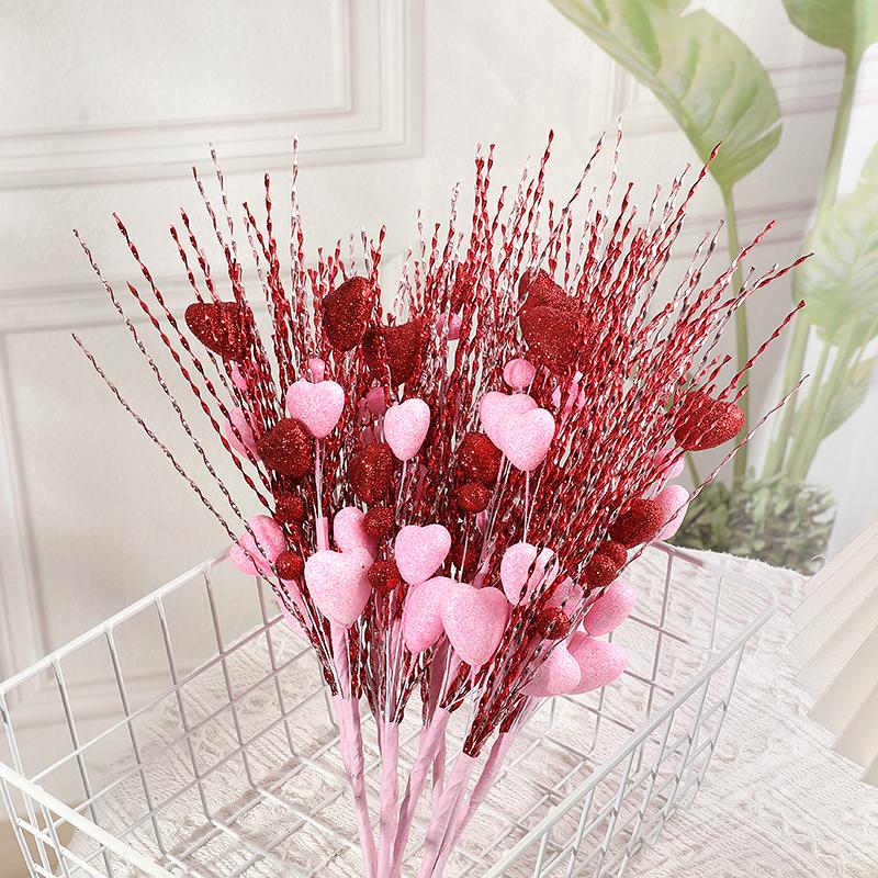 5pcs/lot Artificial Heart Shaped Berry Picks Flower Stem Branches for Valentines Day Wedding Party Home Table Decoration Gifts