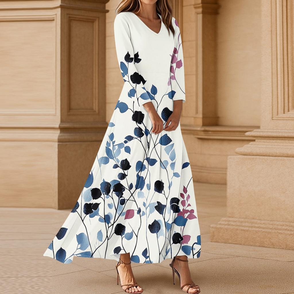 Women's Casual 3/4 Sleeve V-Neck Floral Print Maxi A-Line Beach Dress