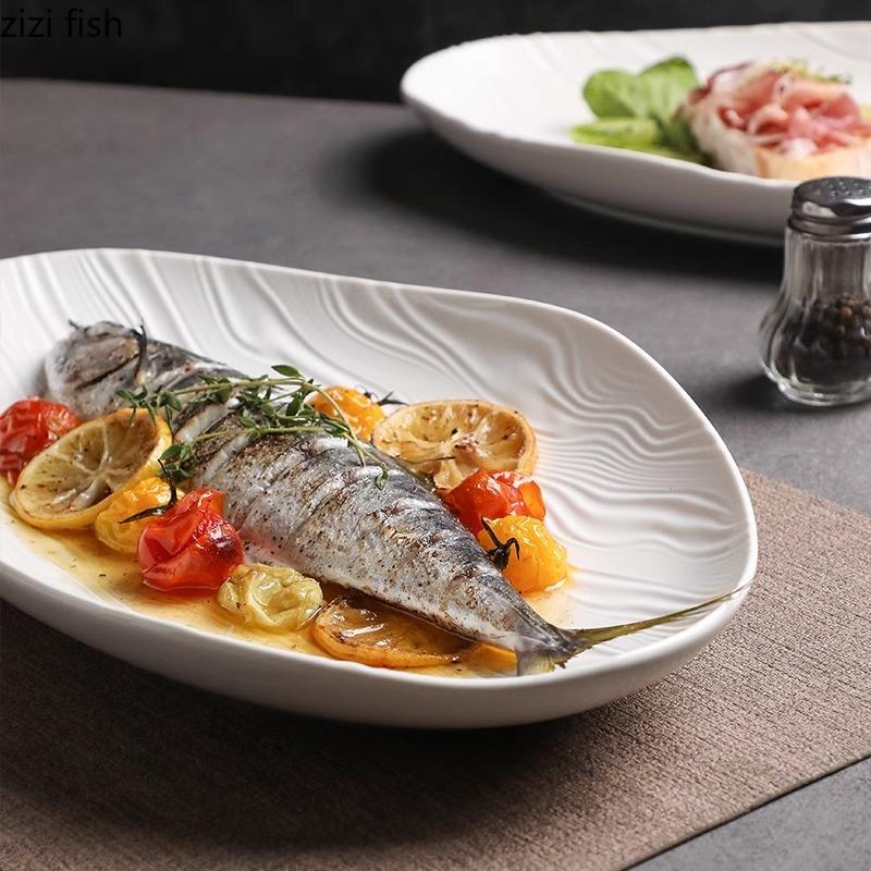 Ren Vit Vattenvåg Keramisk Fiskfat Oregelbunden Oval Tallrik Sushi Tallrik Ångade Fiskfat Hotell Kreativ Stort Porslin