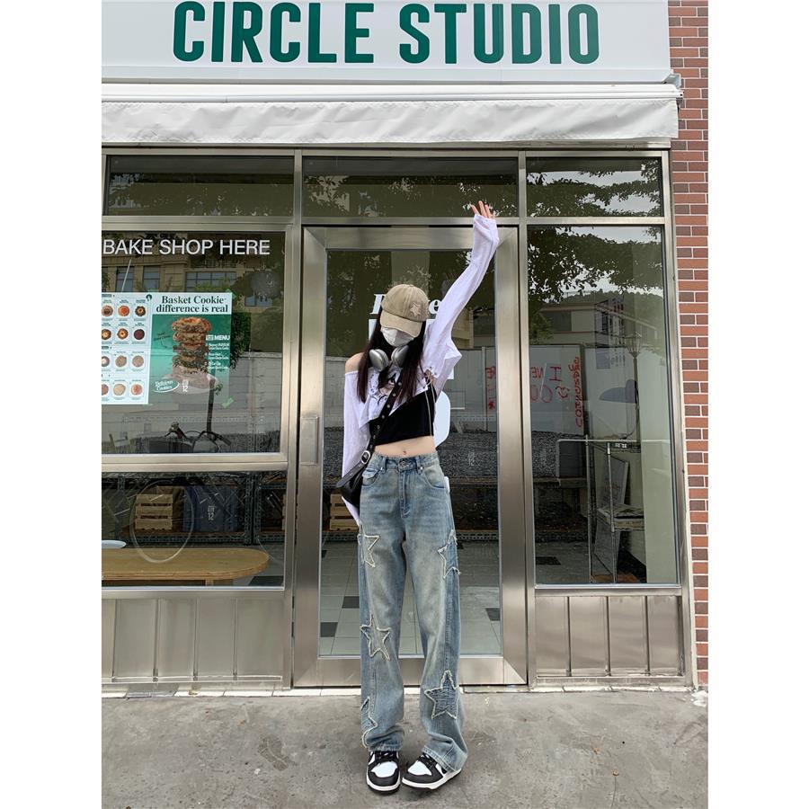 Women's High-Waist Wide-Leg Jeans with Five-Pointed Star Embroidery - Spring/Autumn 2022 Collection