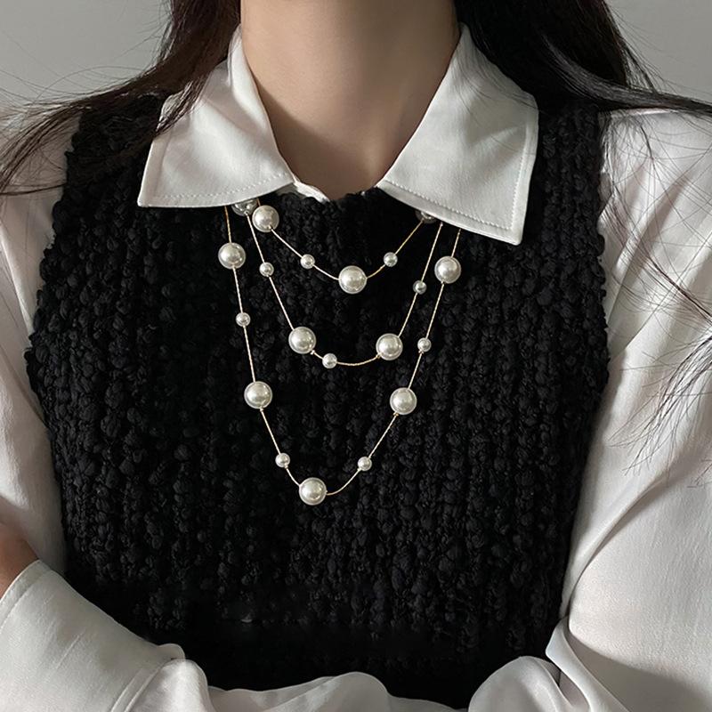 French Long Stacked Colored Pearl Necklace, Simple Temperament Collarbone Chain, Retro Necklace for Women