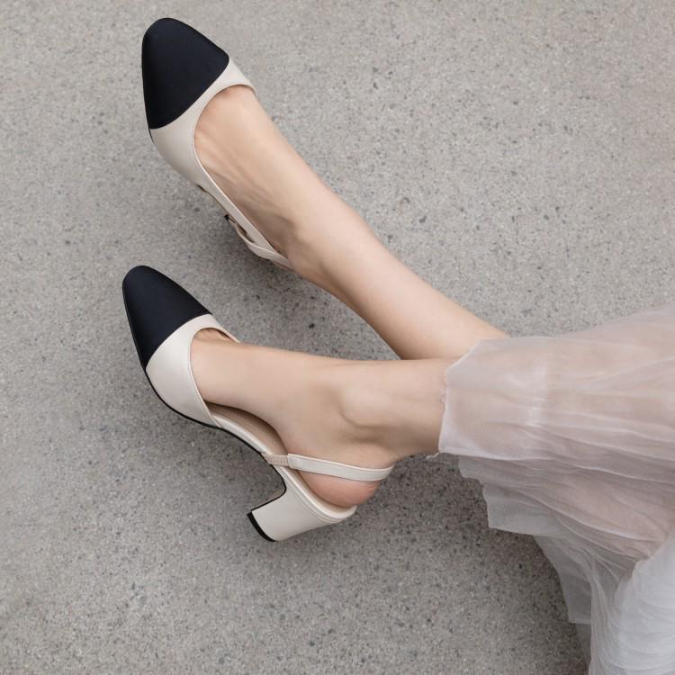 French Chunky Heel Color Block Backless Open Toe Sandals, Size 44, Women's Flats In Little Xiang Style.
