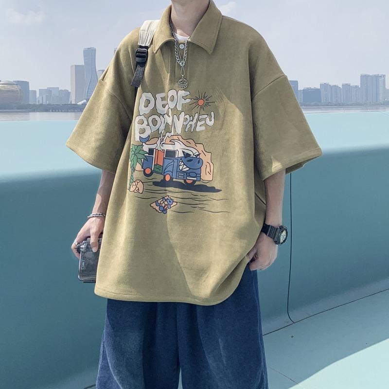 

Men Cartoon Van Graphic Print Suede Polo Shirt Oversized Casual Loose Streetwear Summer Top M зелёный