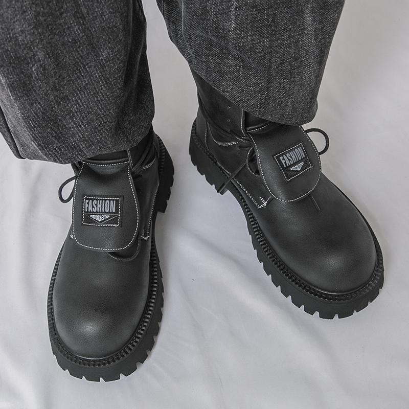 Męskie buty retro na grubej platformie, buty motocyklowe z dużą główką, wysokie buty, plus size