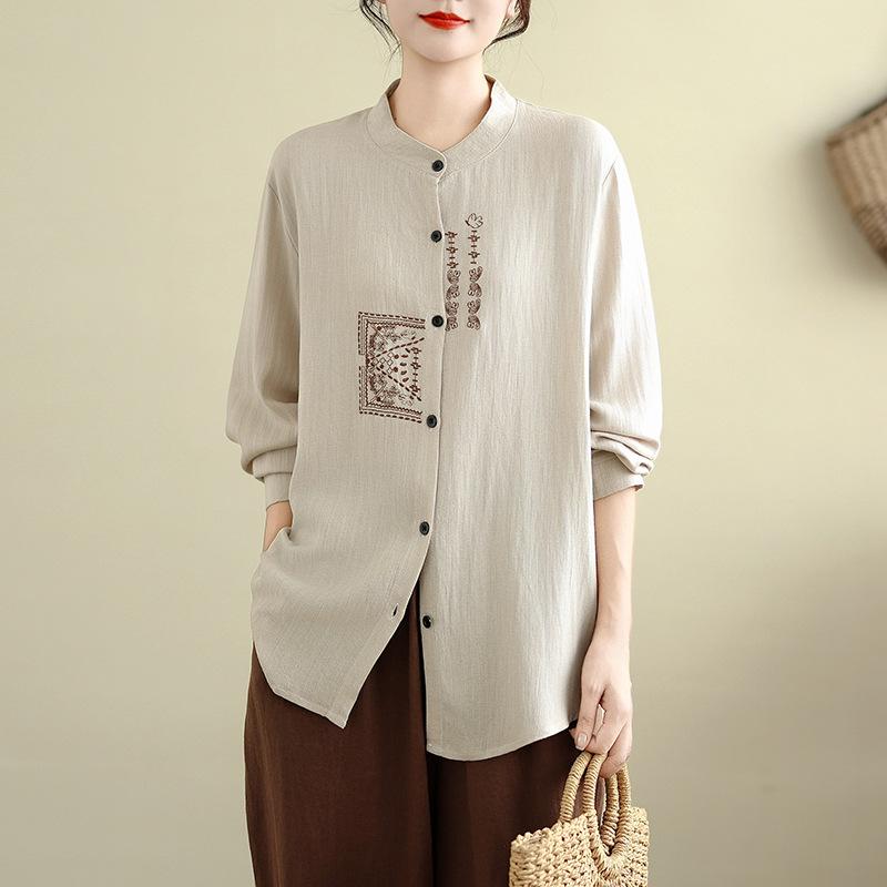 Cotton and Linen Shirt Plus Size Retro Embroidery Long Sleeved Shirt Spring and Autumn Loose and Versatile Linen Top L