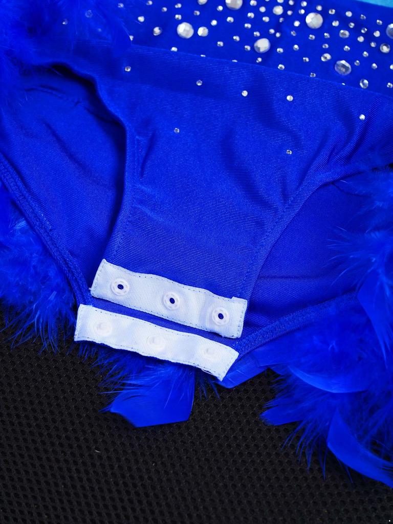 Mädchen Latein Tanzkostüm Ärmellos Ausgeschnittener Rücken Glänzende Strasssteine Colorblock Trikot Federrock Outfit