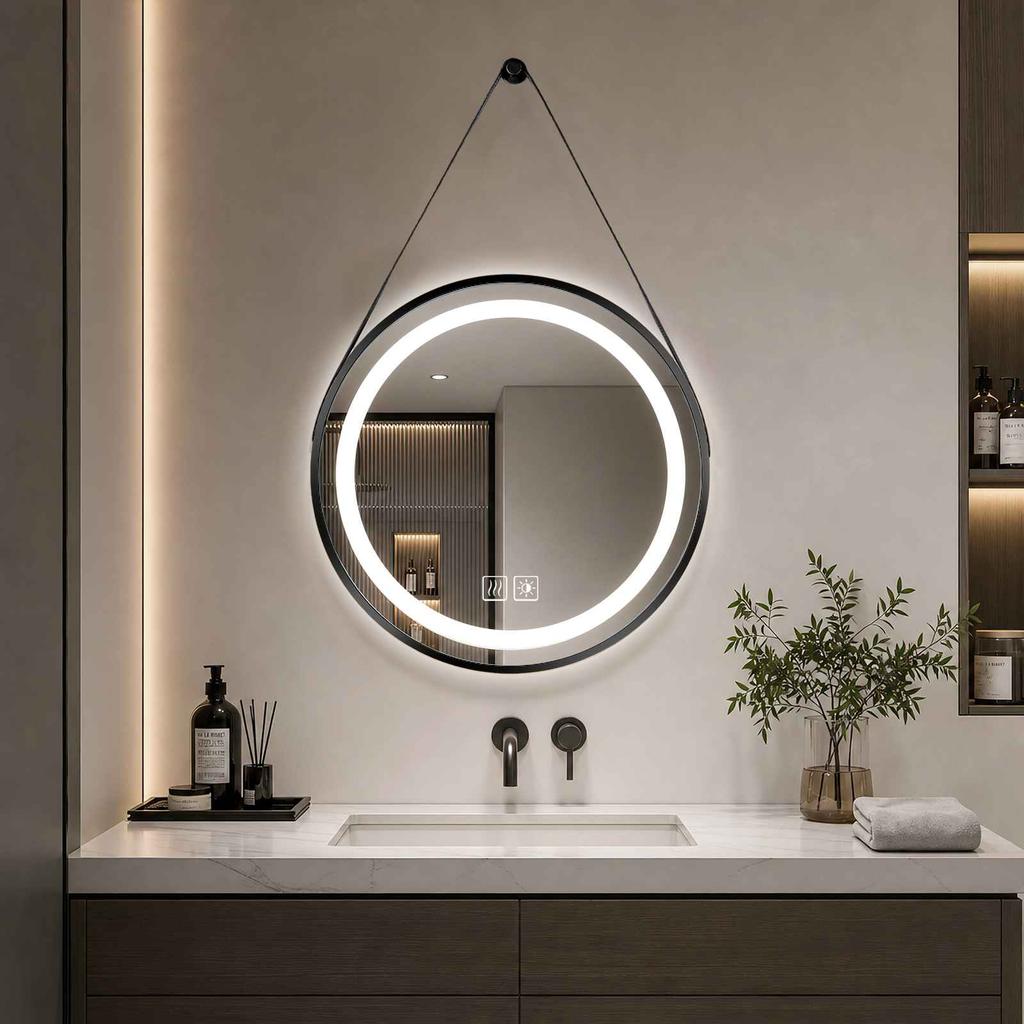 LED Mirror with Black Frame, 3-Color Lighting, 10-100% Dimmable, Anti-Fog, 5mm HD Glass, Touch Sensor, CRI >90