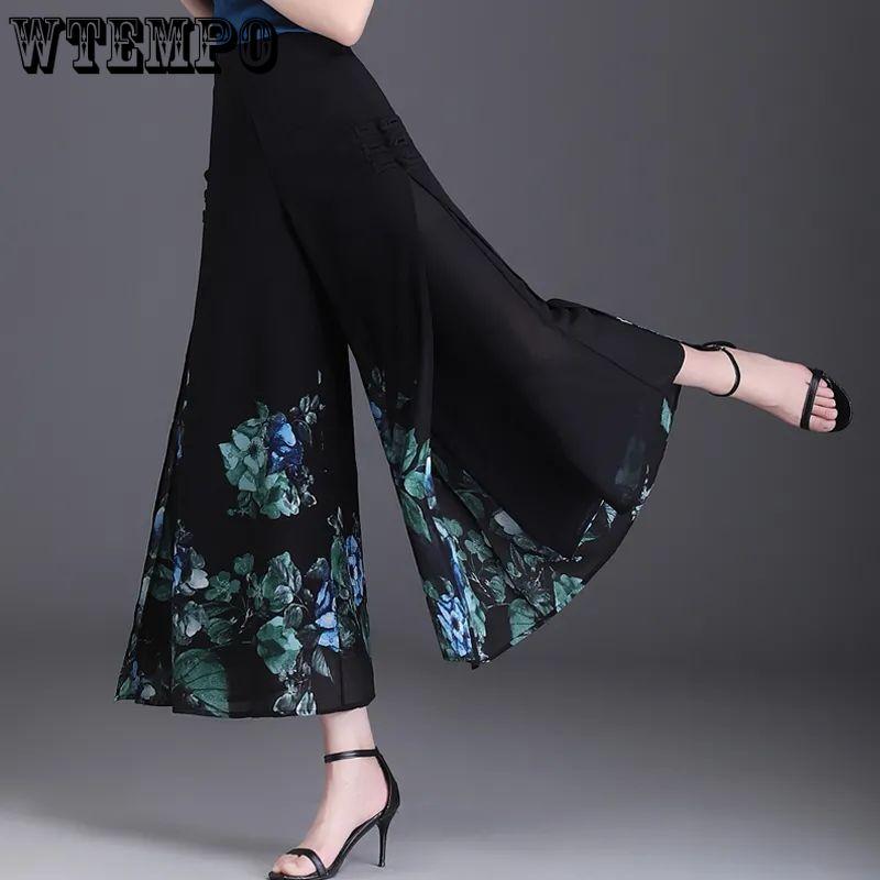 Women's Chiffon Wide Leg Pants Summer Chinese Style Floral Pants Skirt Pants Loose High Waist Retro Pants Skirt